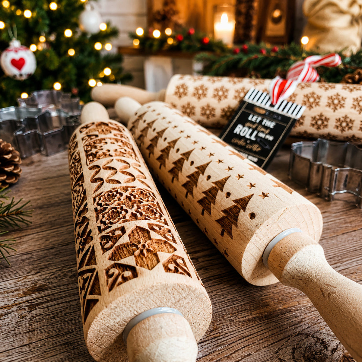 Decorative Rolling Pin with Two Cookie Cutters