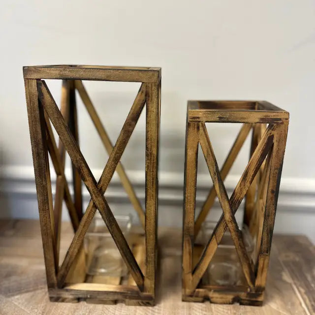 Wooden Lanterns with Glass Votives — Set of 2