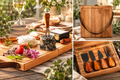 Folding acacia cheese board shown closed, with serving utensils, and in use for charcuterie