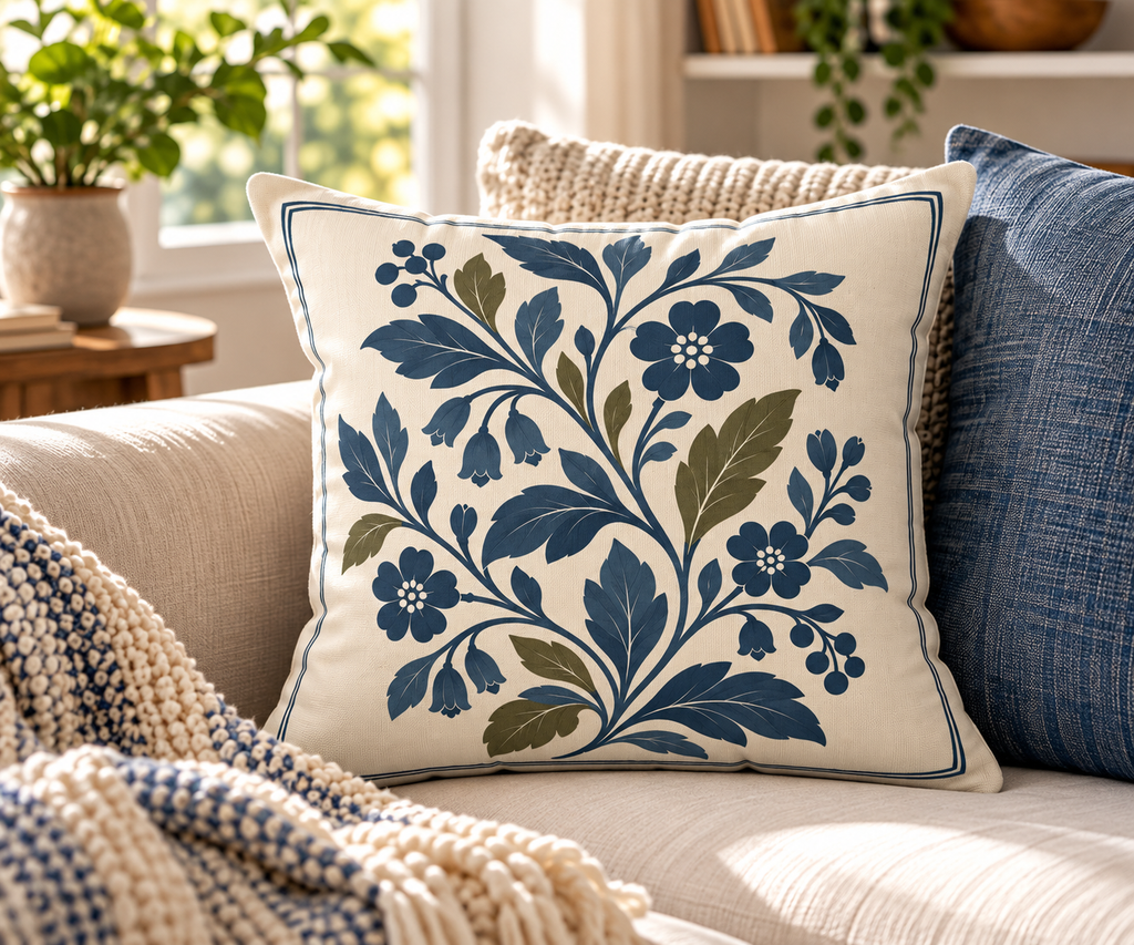 Gathered at Home Botanical 18 by 18 pillow styled on a neutral sofa