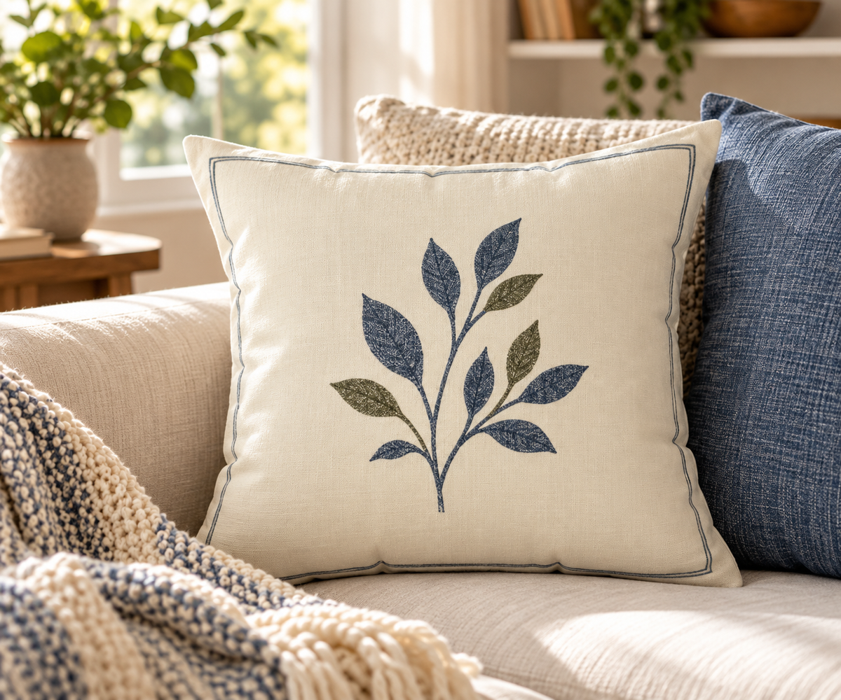Gathered at Home Leafy 18 by 18 pillow styled on a neutral sofa