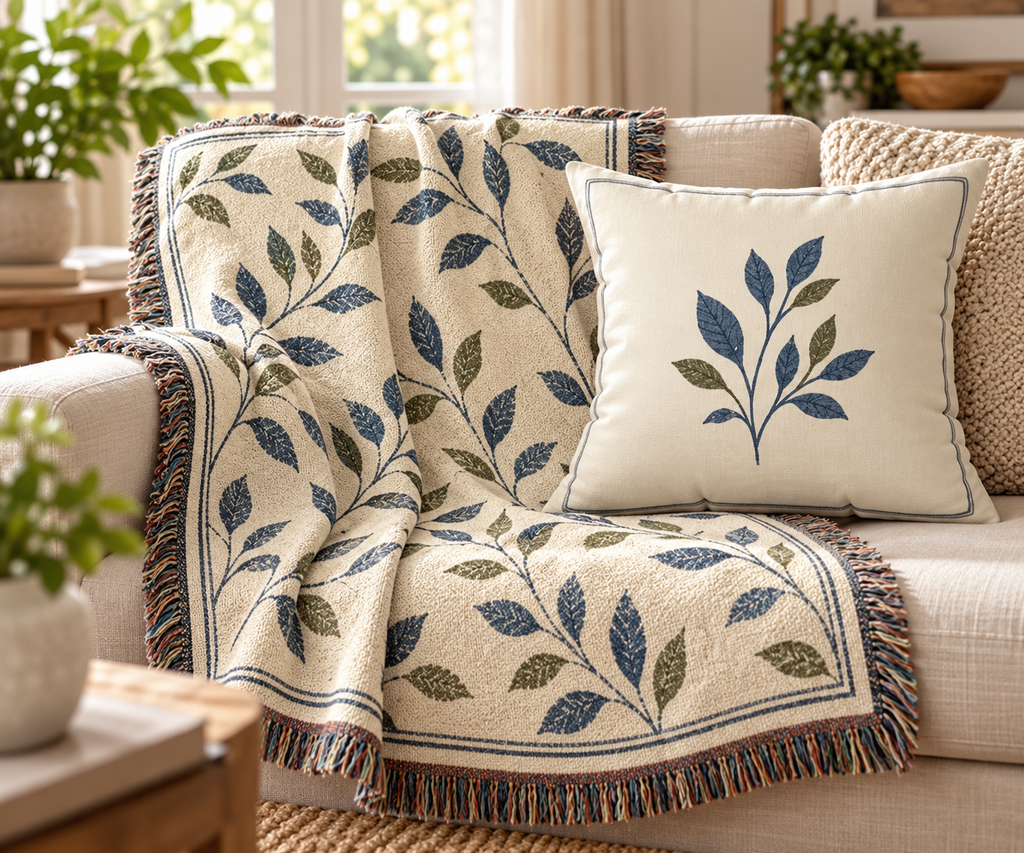 Gathered at Home Leafy cotton woven throw with coordinating Leafy pillow