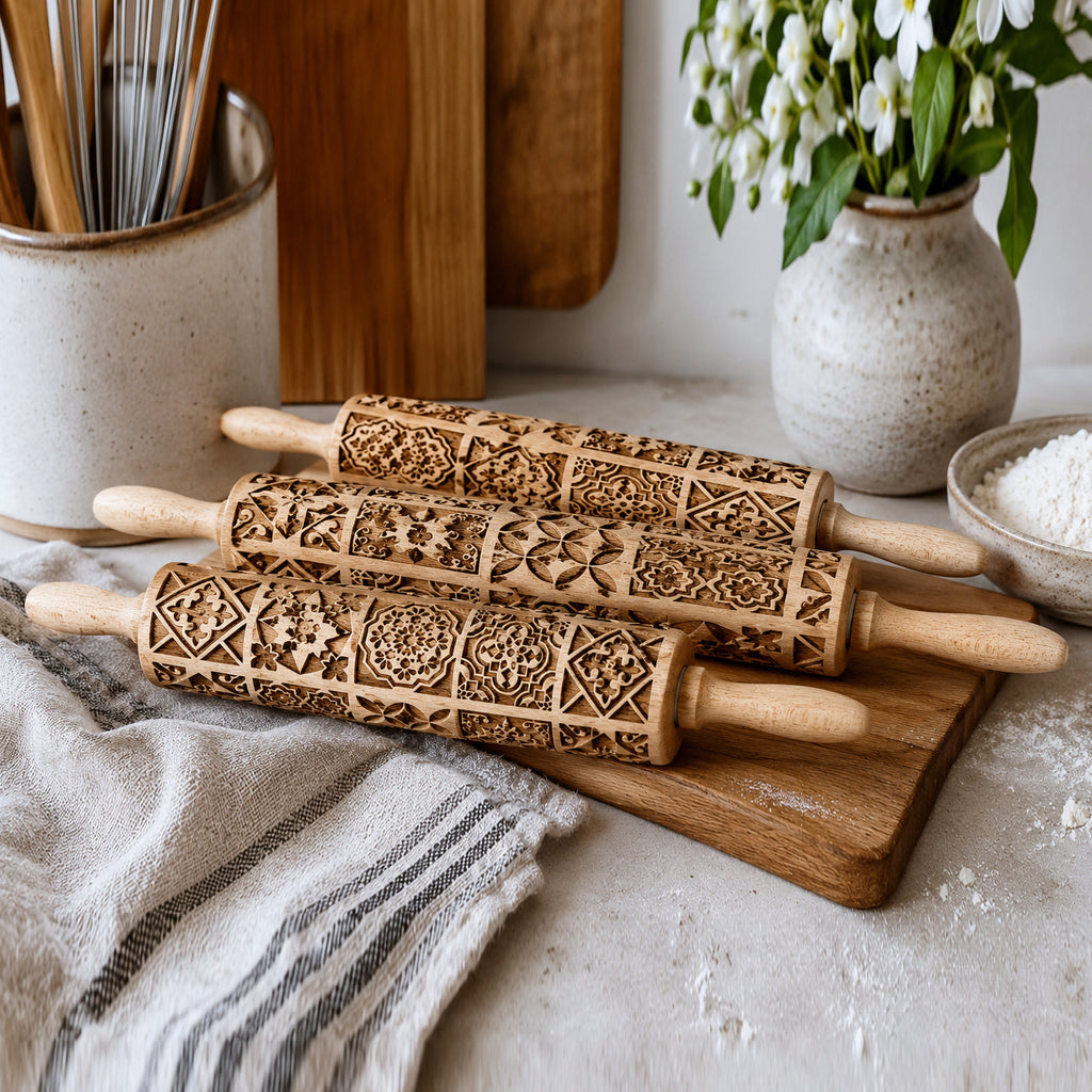 Decorative Rolling Pin with Two Cookie Cutters