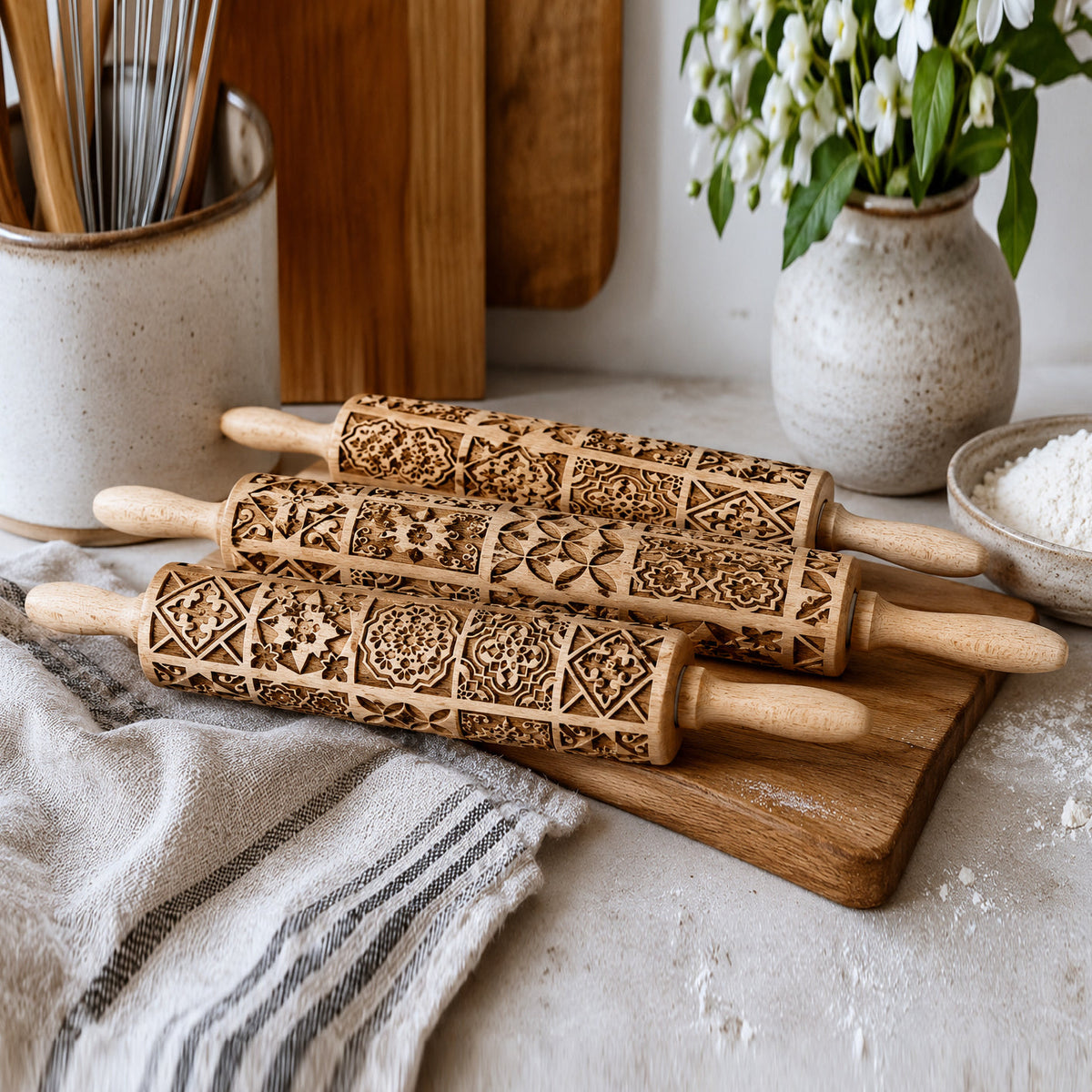 Decorative Rolling Pin with Two Cookie Cutters