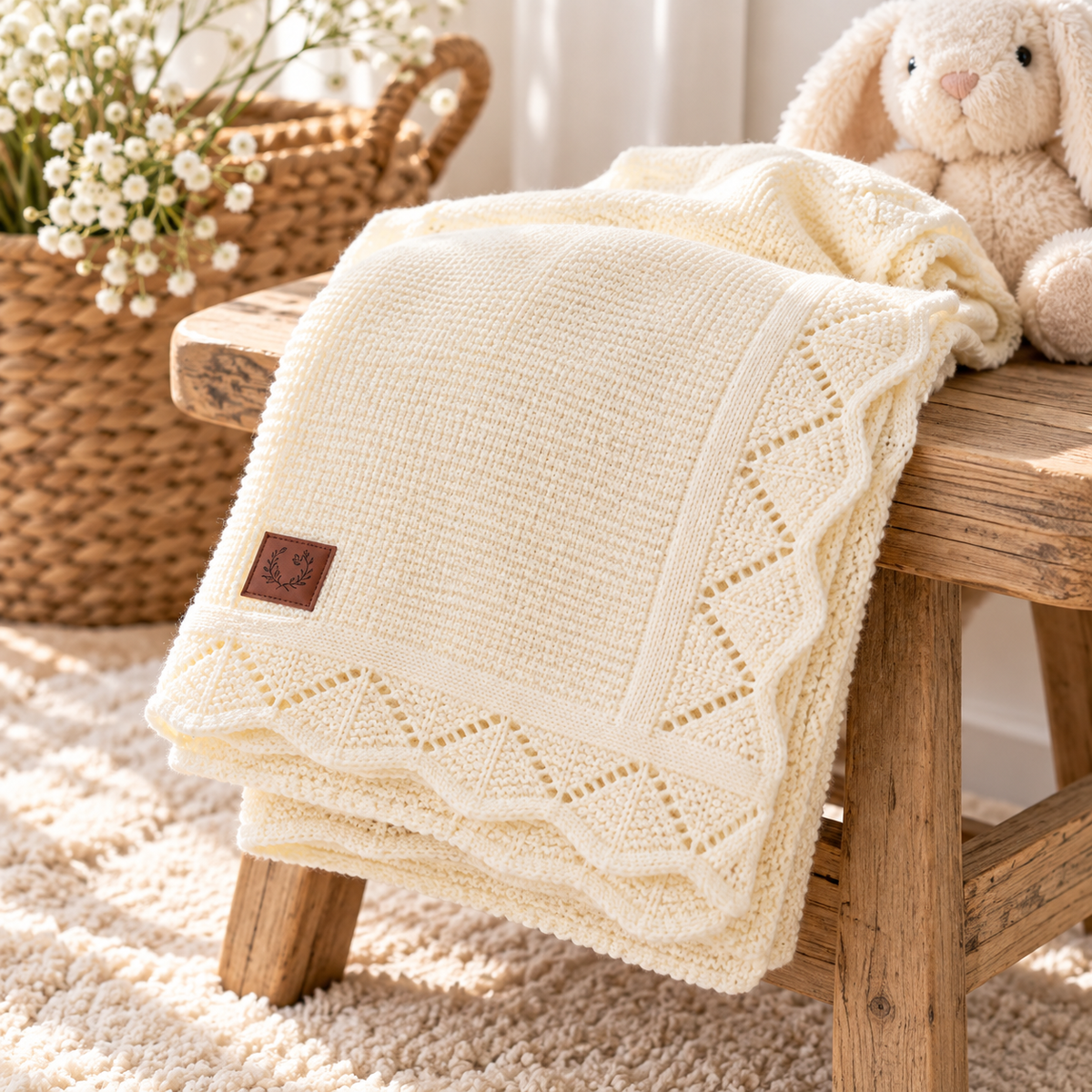 Heirloom Lace Knit Baby Blanket in Cream