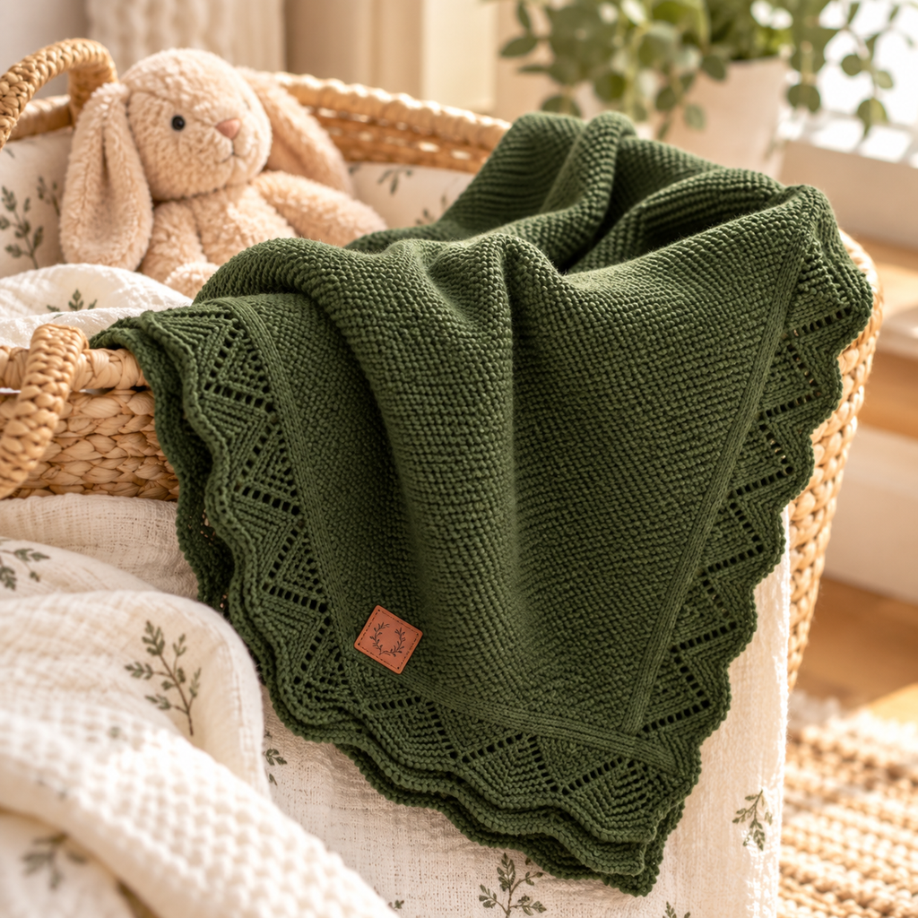 Heirloom Lace Knit Baby Blanket in Forest Green