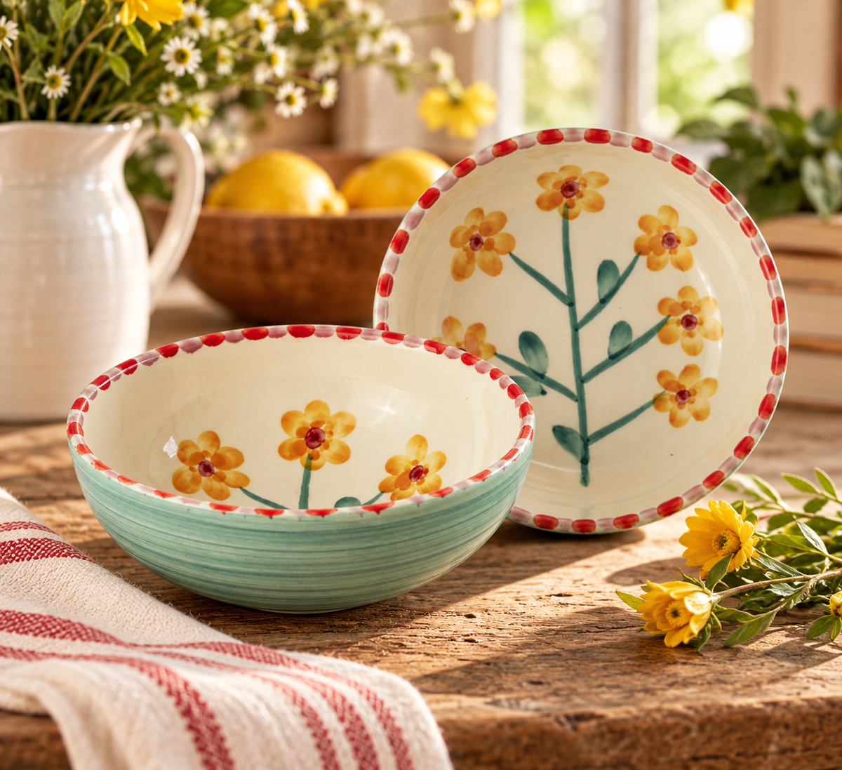 Hand-Painted Jade & Yellow Floral Ceramic Bowl — 11.8 oz