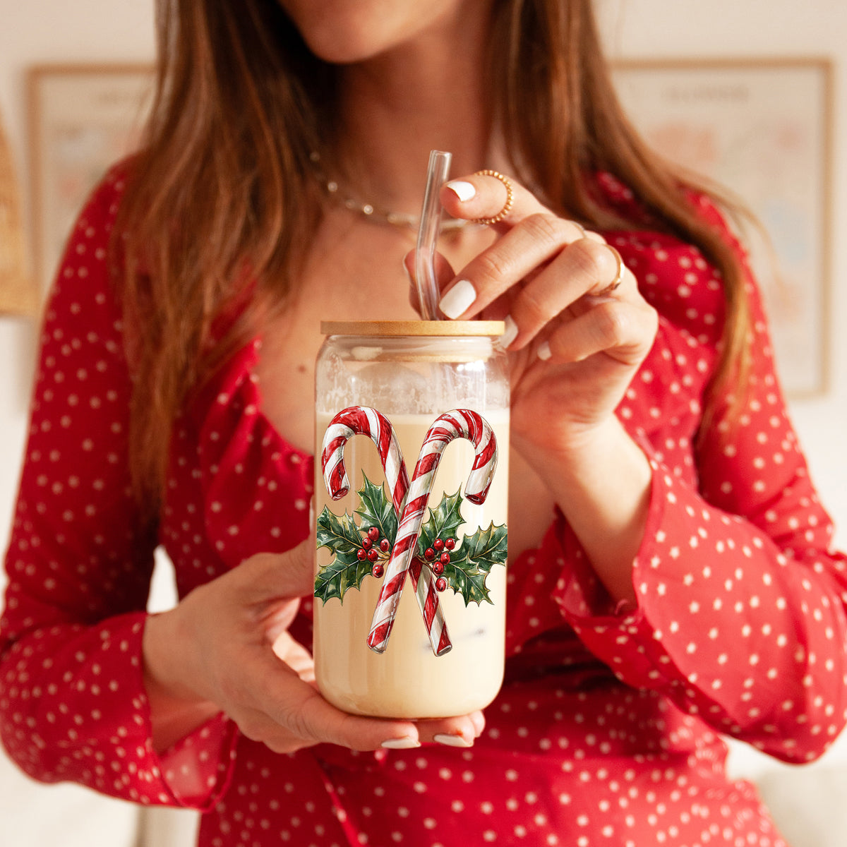Christmas Glass Tumbler with Straw — Choice of Holiday Design