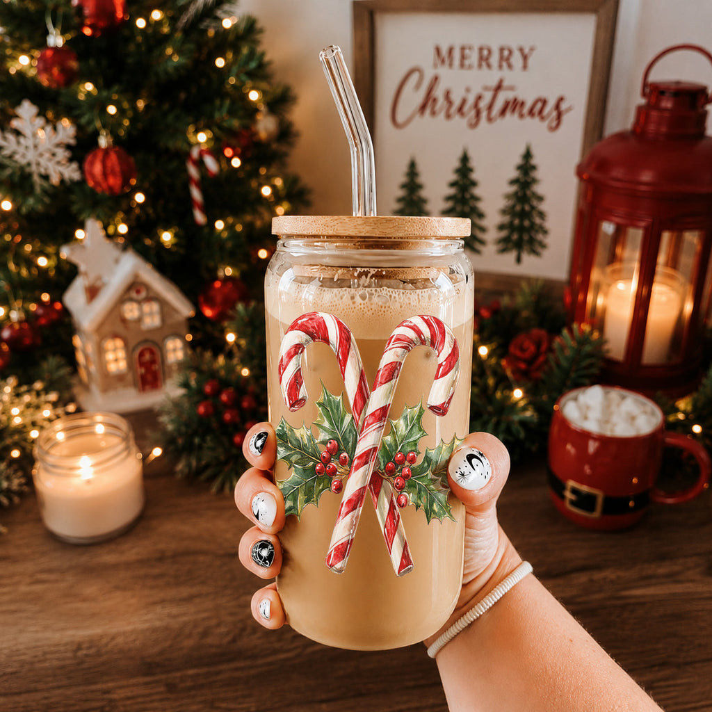 Christmas Glass Tumbler with Straw — Choice of Holiday Design