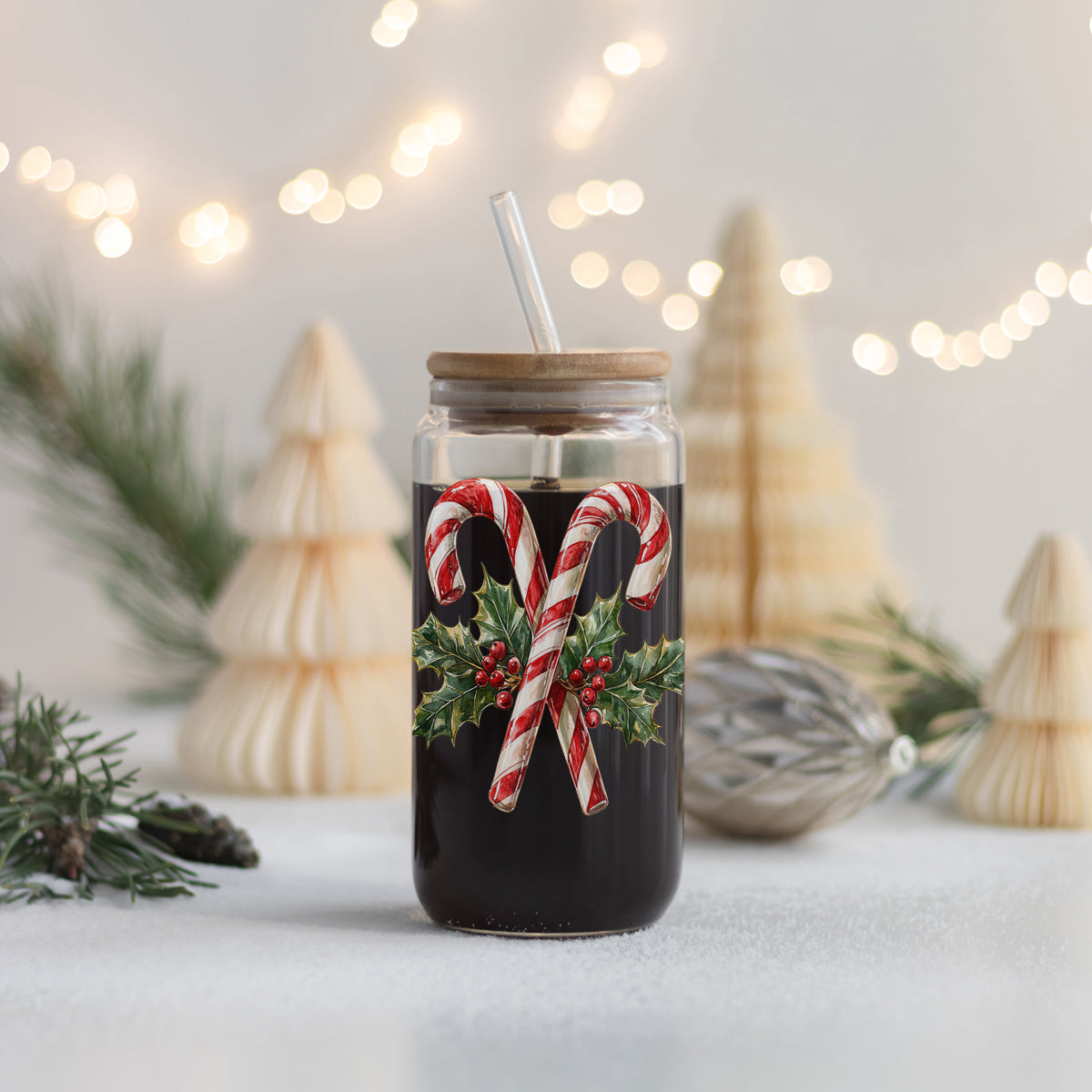 Christmas Glass Tumbler with Straw — Choice of Holiday Design