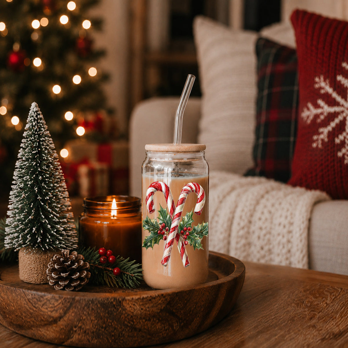 Christmas Glass Tumbler with Straw — Choice of Holiday Design