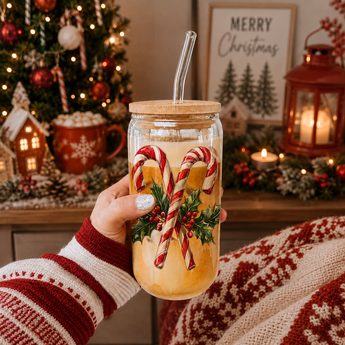 Christmas Glass Tumbler with Straw — Choice of Holiday Design