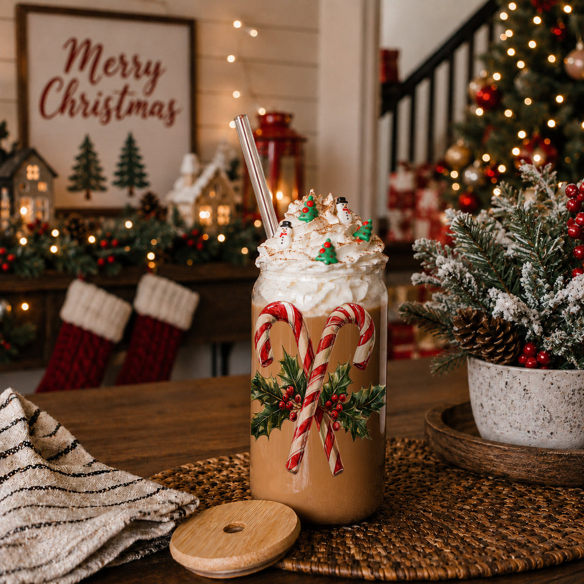 Christmas Glass Tumbler with Straw — Choice of Holiday Design