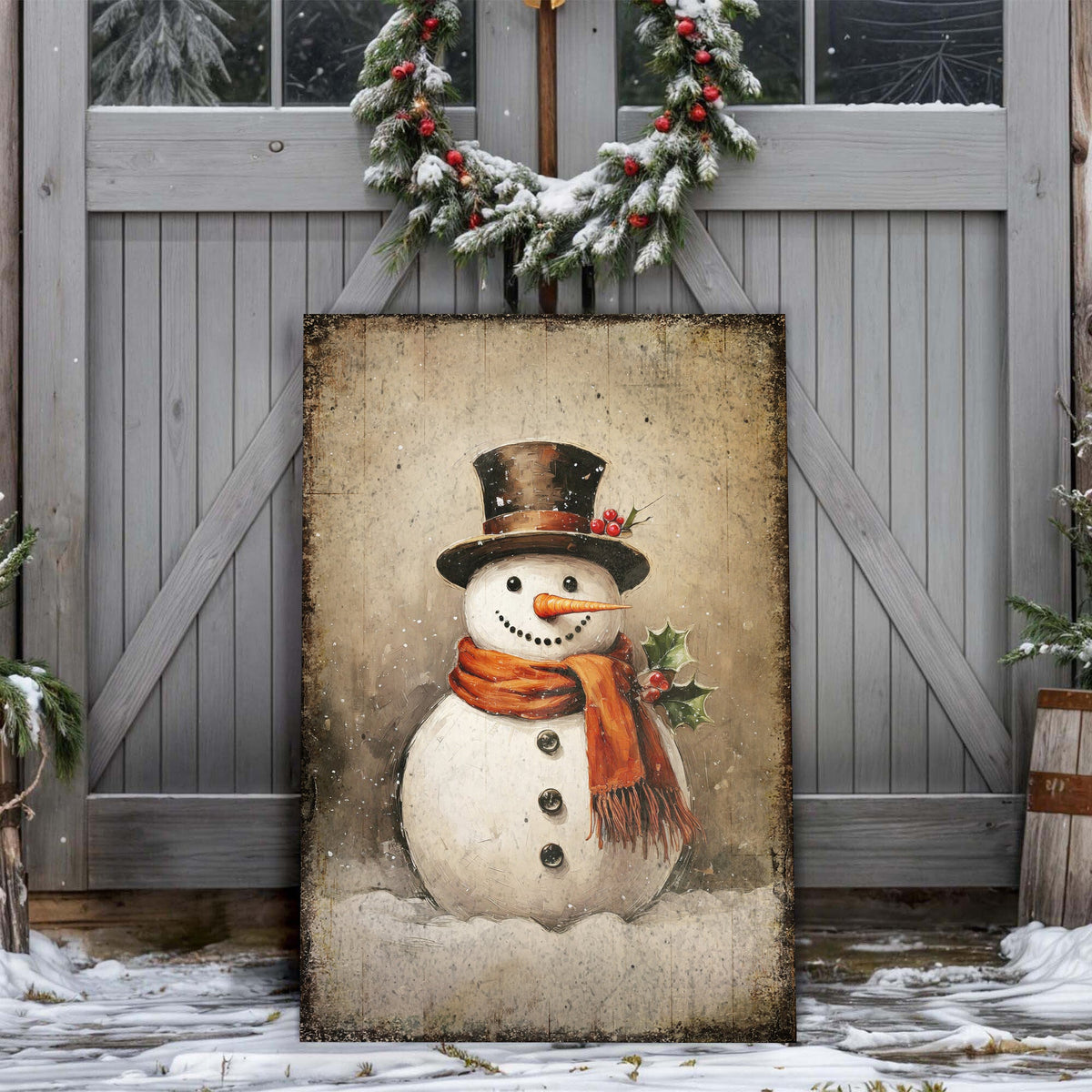 Vintage Snowman Christmas Canvas Wall Art