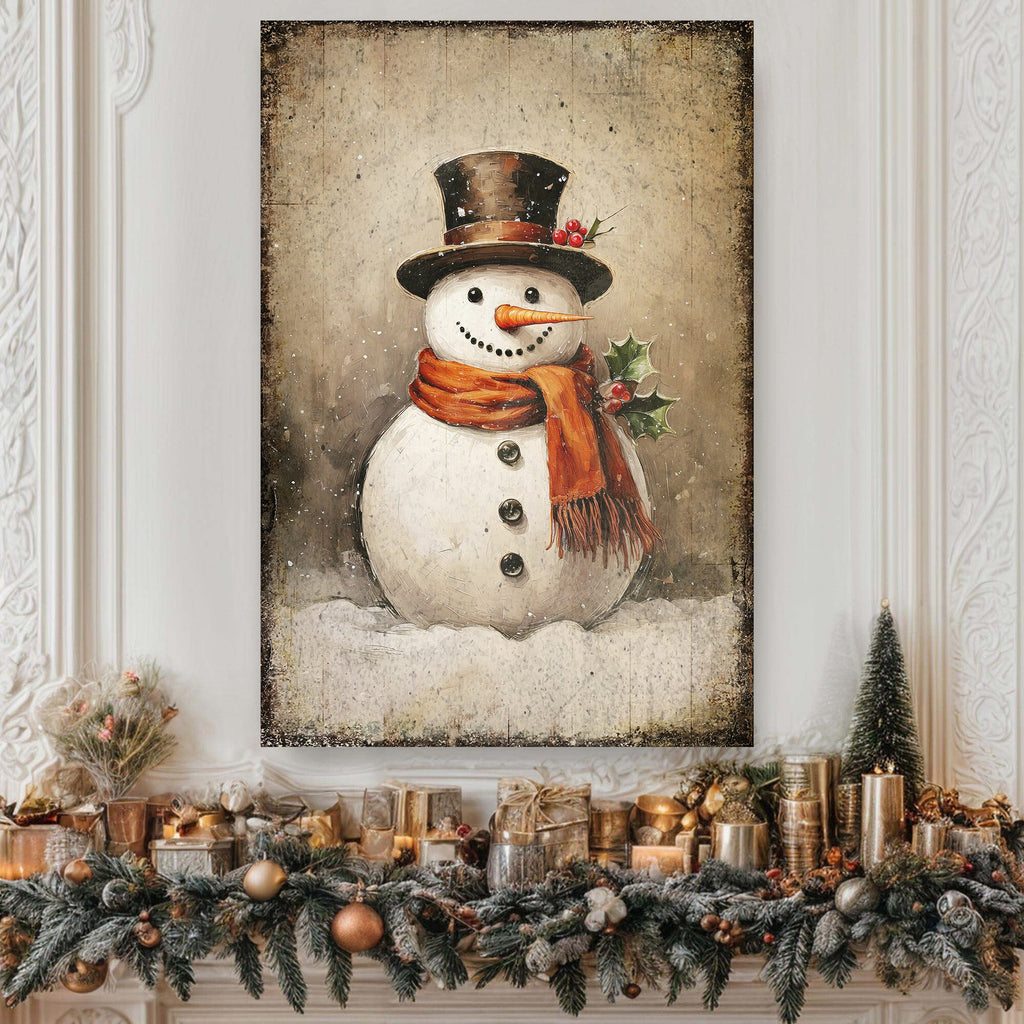 Vintage Snowman Christmas Canvas Wall Art