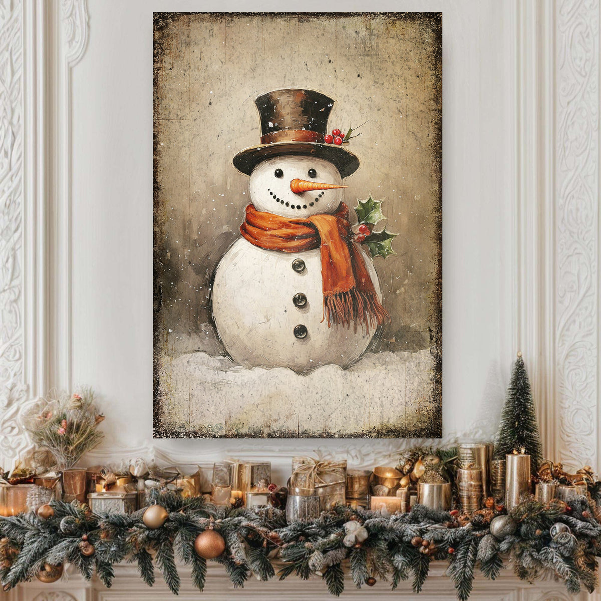 Vintage Snowman Christmas Canvas Wall Art