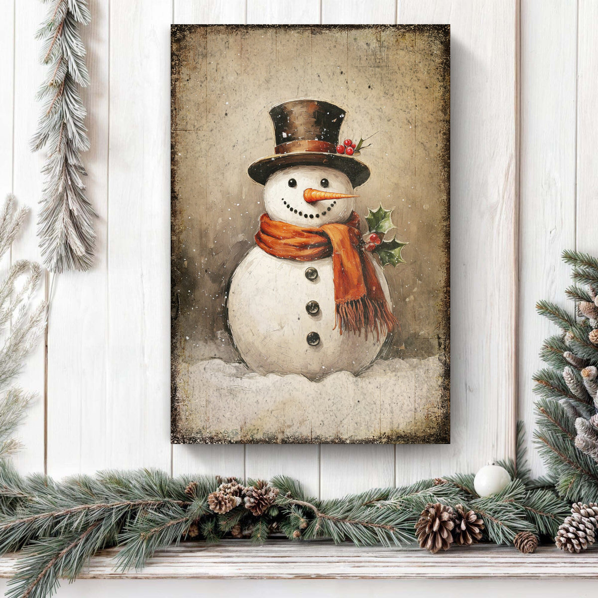 Vintage Snowman Christmas Canvas Wall Art