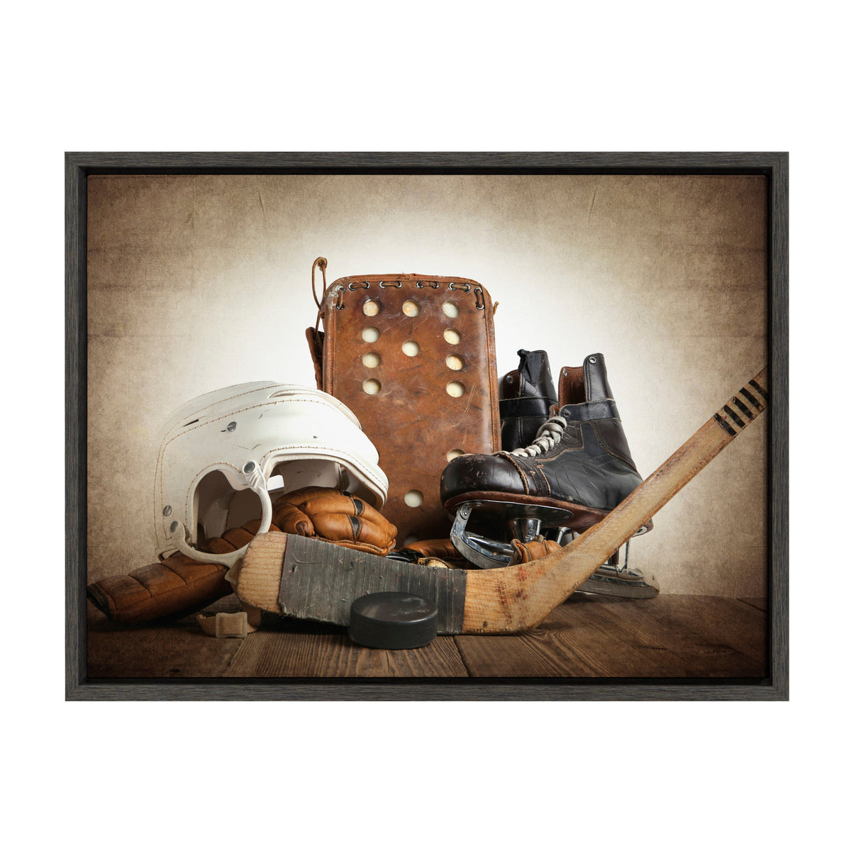 Sylvie Hockey Gear Framed Canvas by Shawn St. Peter