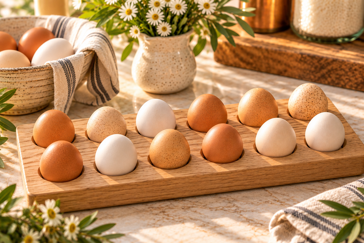 Natural wooden 12-egg holding tray styled on a warm farmhouse kitchen counter