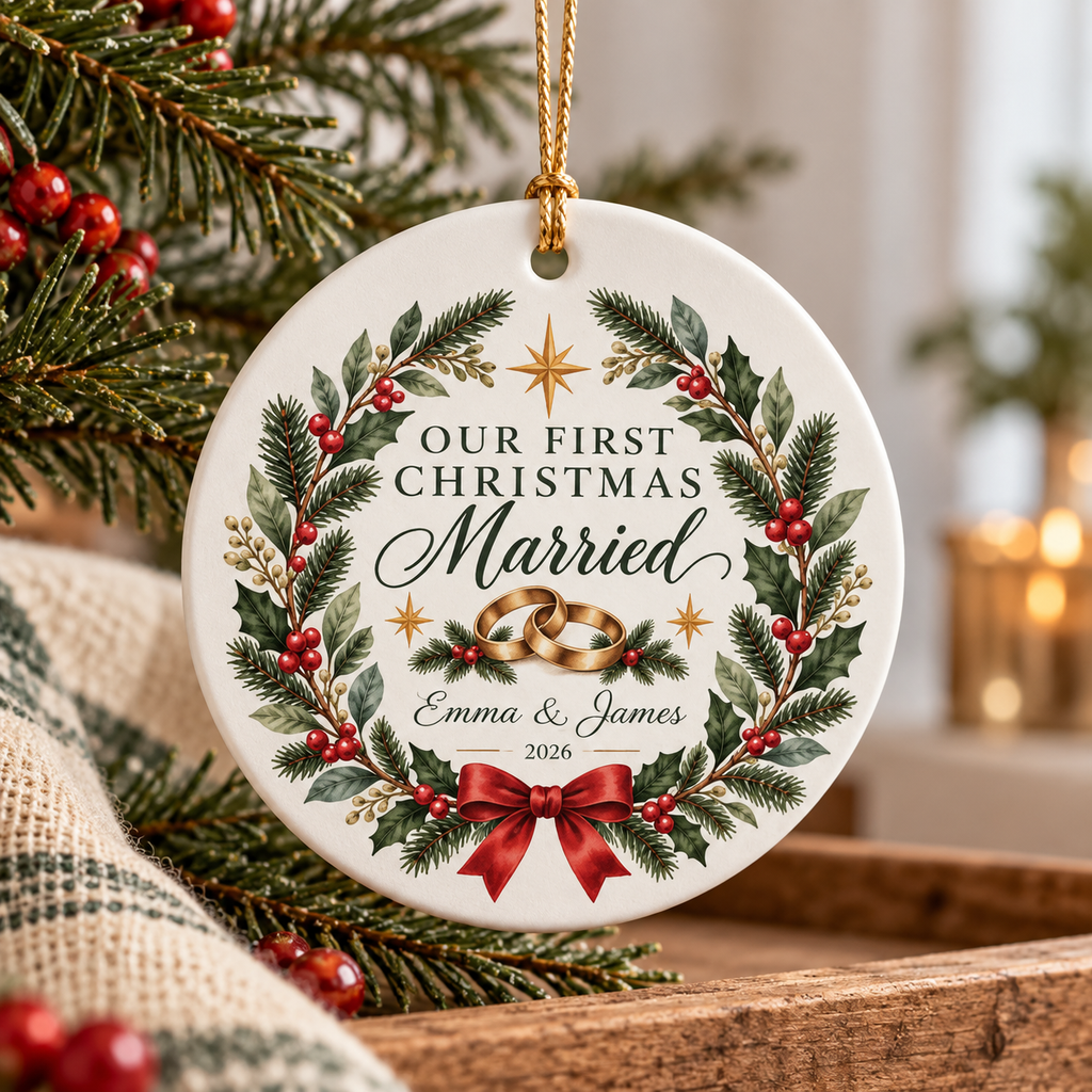 Personalized Our First Christmas Married Ornament — Gold, Silver or Black