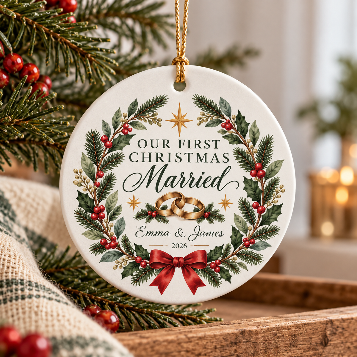 Personalized Our First Christmas Married Ornament — Gold, Silver or Black