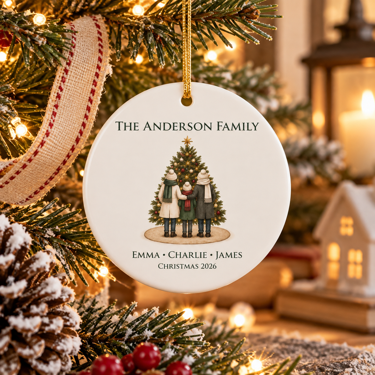 Personalized Family of 3 Christmas Ornament hanging in a warm holiday setting