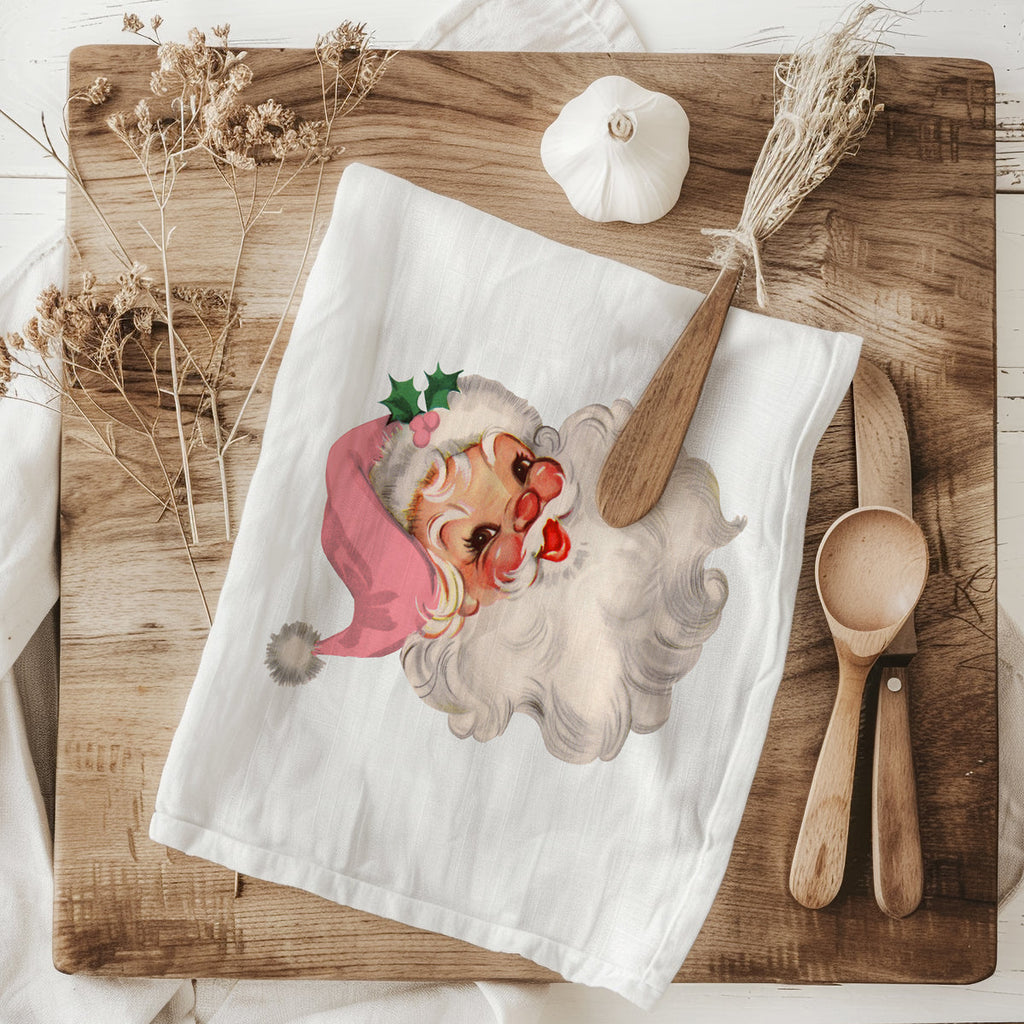 Vintage Pink Santa Christmas Kitchen Towel