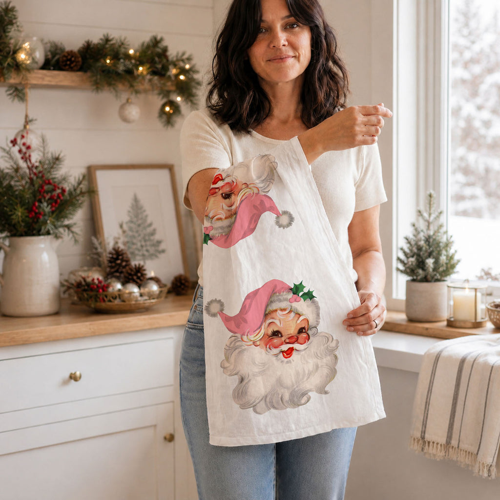 Vintage Pink Santa Christmas Kitchen Towel