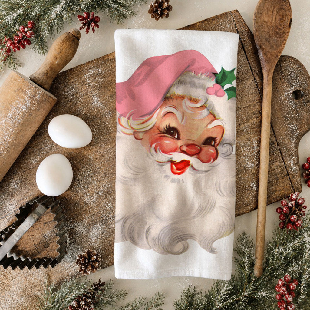 Vintage Pink Santa Christmas Kitchen Towel