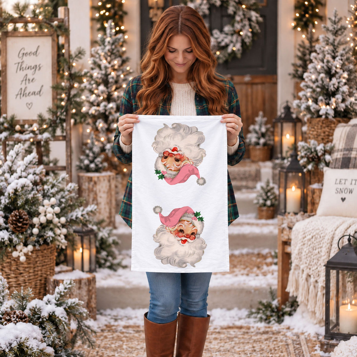 Vintage Pink Santa Christmas Kitchen Towel