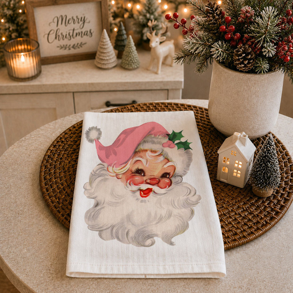 Vintage Pink Santa Christmas Kitchen Towel