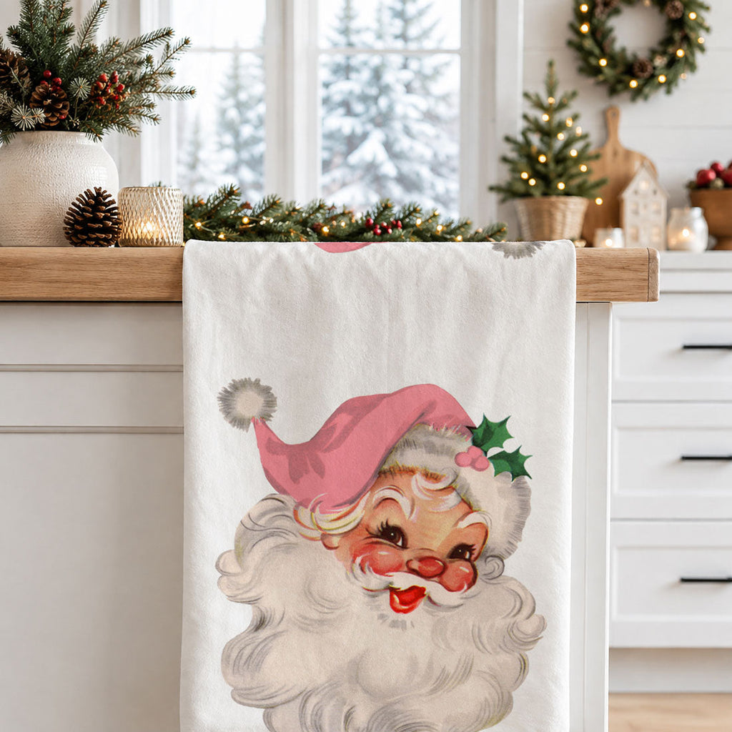 Vintage Pink Santa Christmas Kitchen Towel