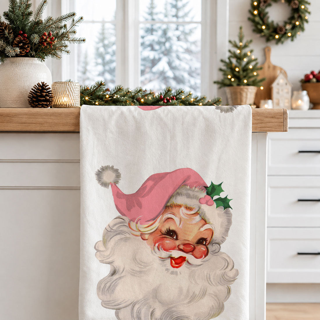 Vintage Pink Santa Christmas Kitchen Towel