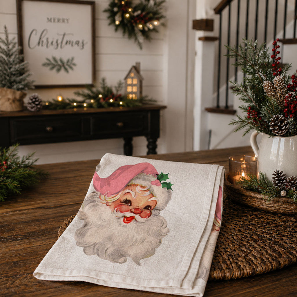 Vintage Pink Santa Christmas Kitchen Towel