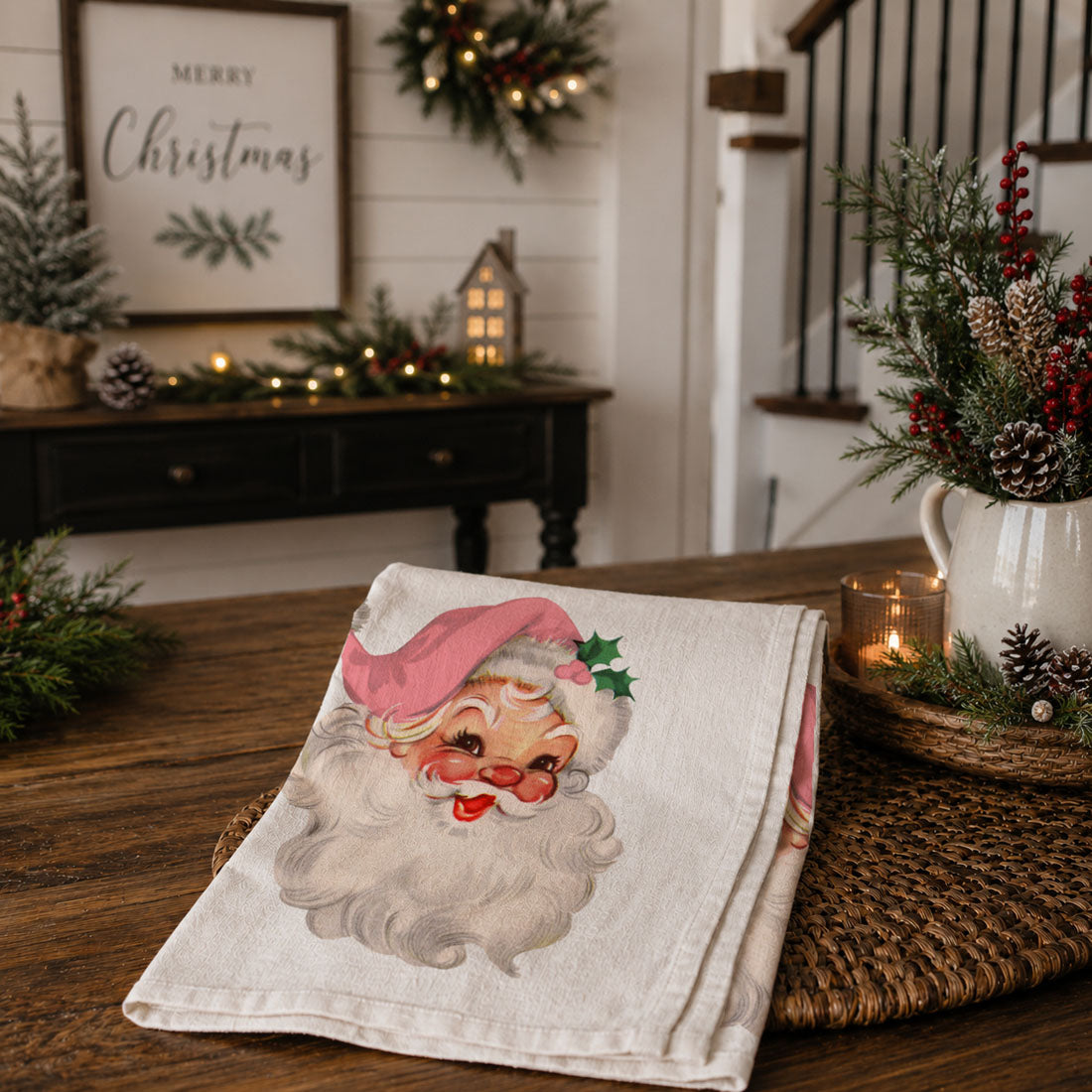 Vintage Pink Santa Christmas Kitchen Towel