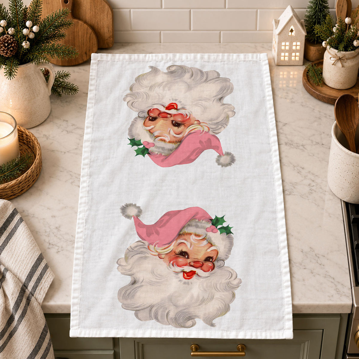Vintage Pink Santa Christmas Kitchen Towel