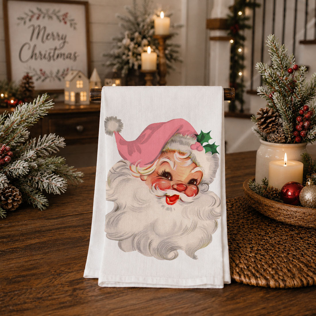 Vintage Pink Santa Christmas Kitchen Towel