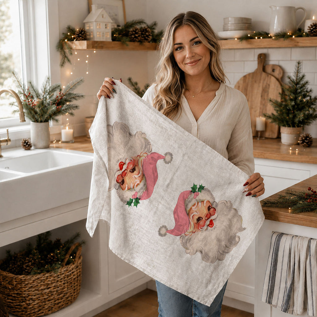 Vintage Pink Santa Christmas Kitchen Towel