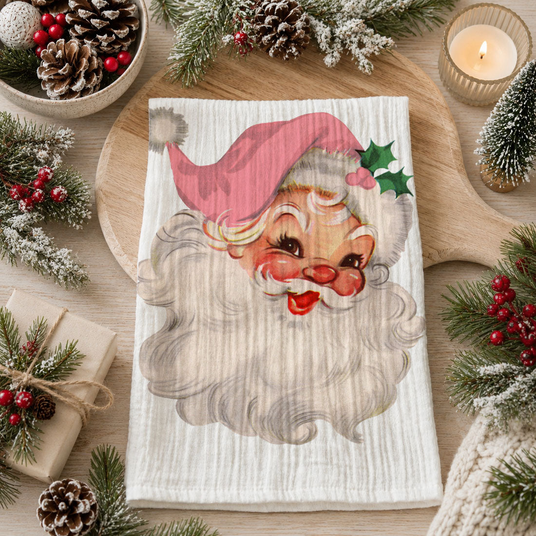 Vintage Pink Santa Christmas Kitchen Towel