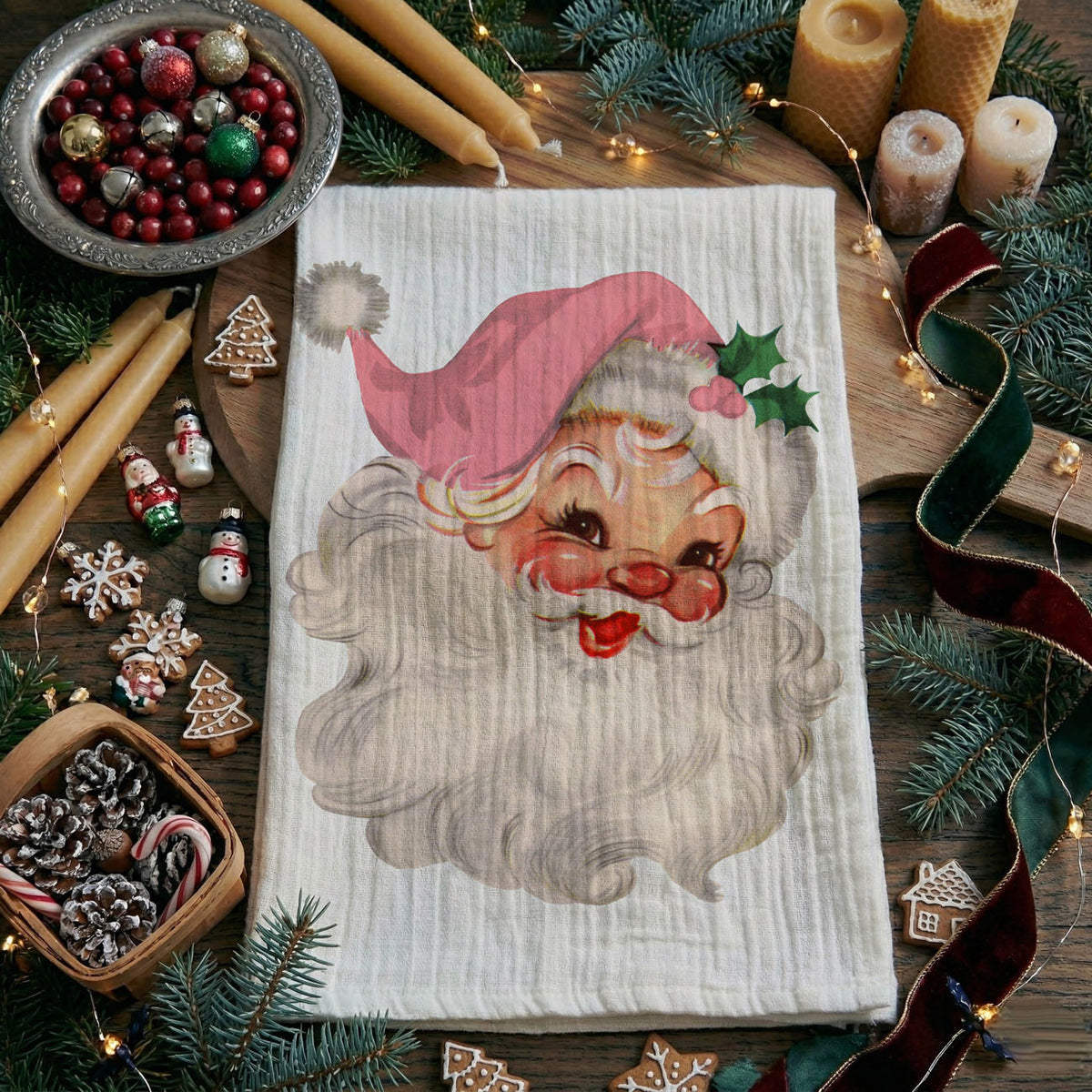 Vintage Pink Santa Christmas Kitchen Towel