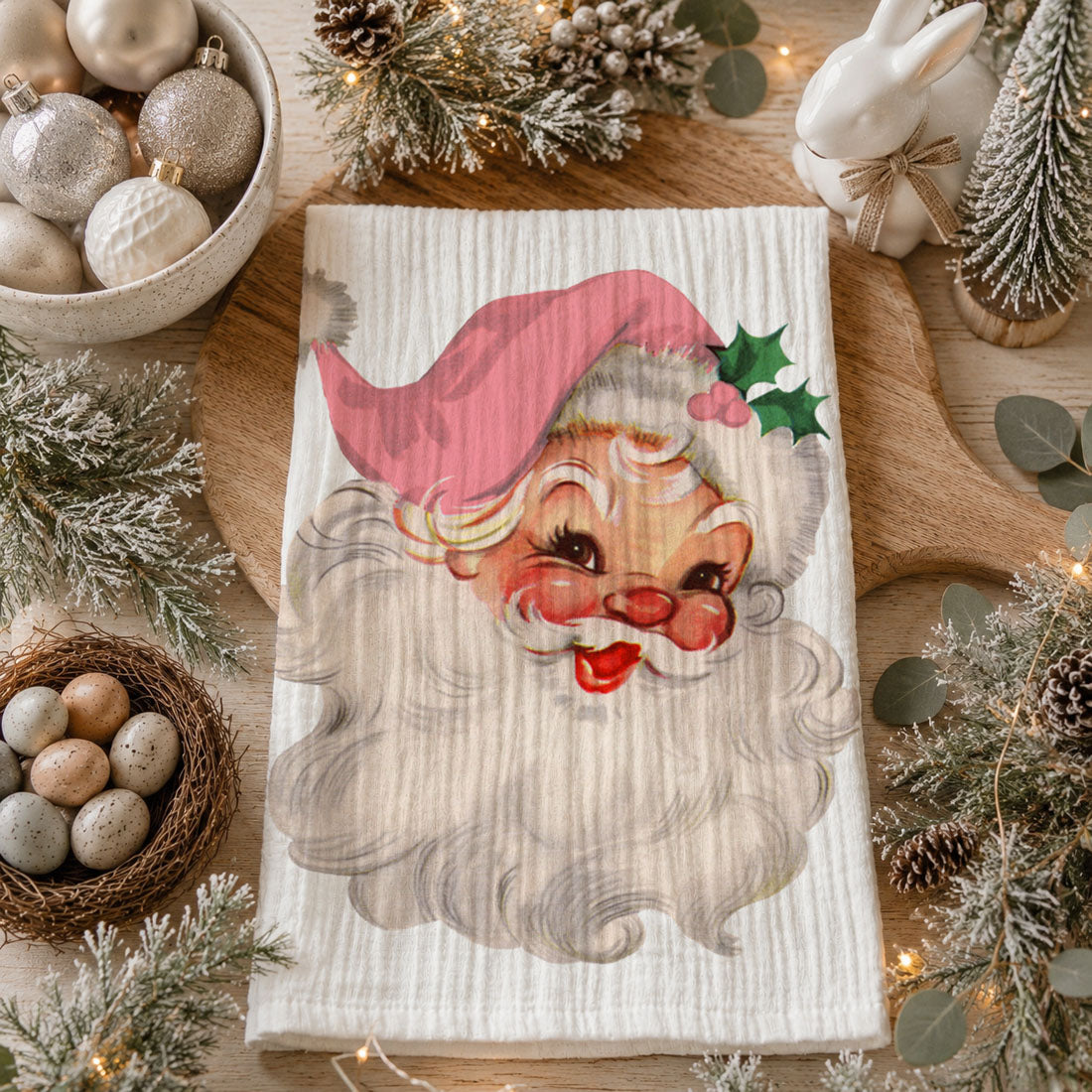 Vintage Pink Santa Christmas Kitchen Towel