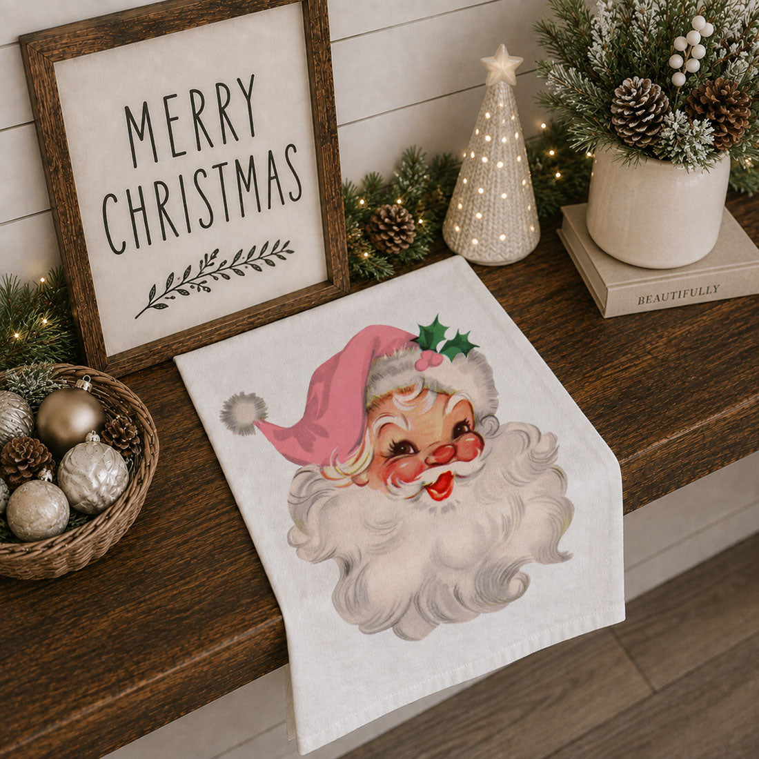 Vintage Pink Santa Christmas Kitchen Towel