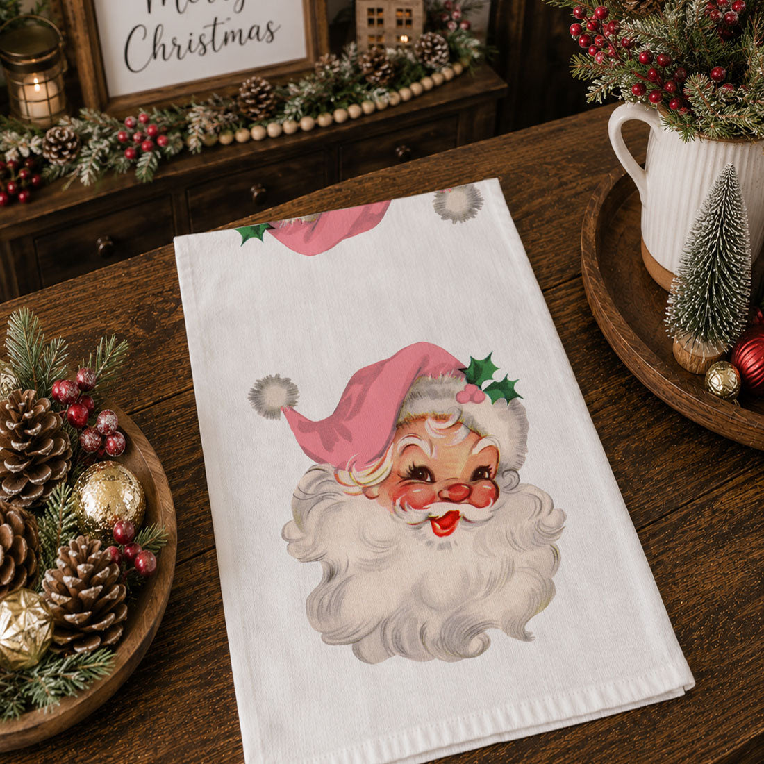 Vintage Pink Santa Christmas Kitchen Towel