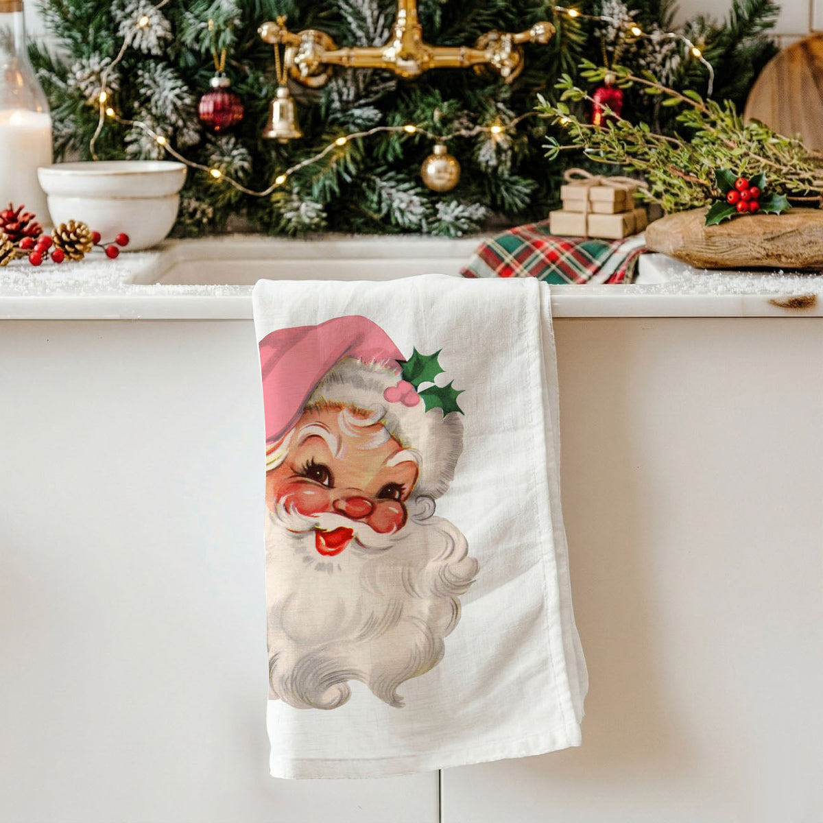 Vintage Pink Santa Christmas Kitchen Towel