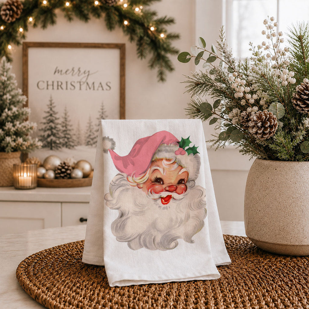 Vintage Pink Santa Christmas Kitchen Towel