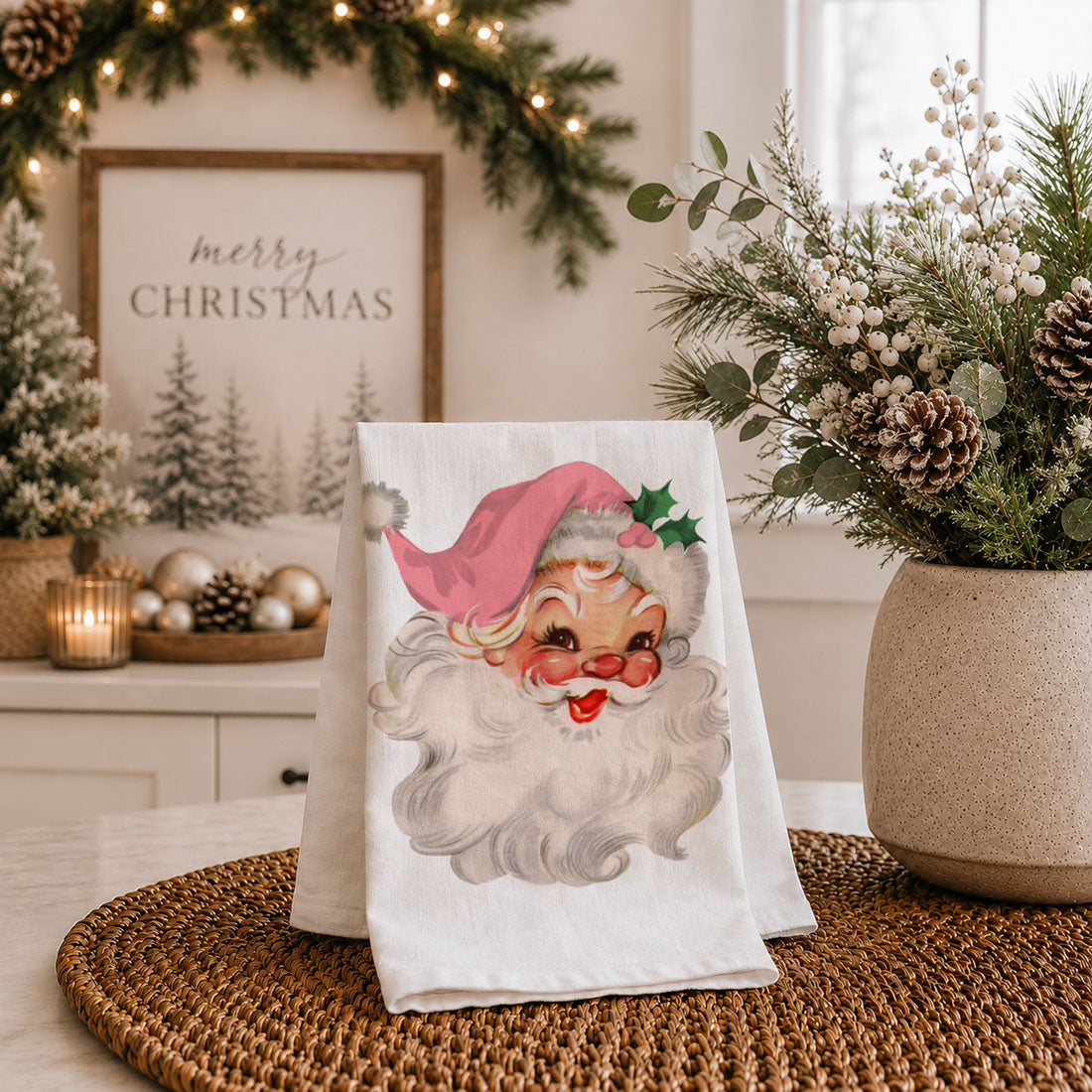 Vintage Pink Santa Christmas Kitchen Towel
