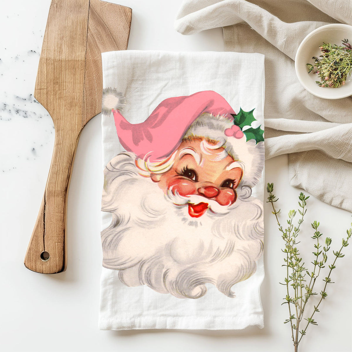 Vintage Pink Santa Christmas Kitchen Towel