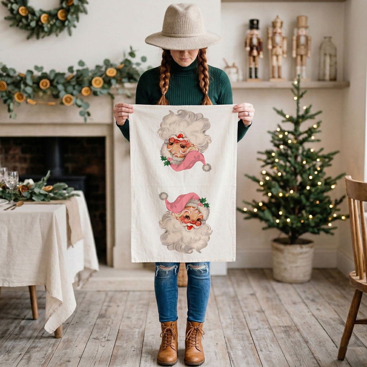 Vintage Pink Santa Christmas Kitchen Towel