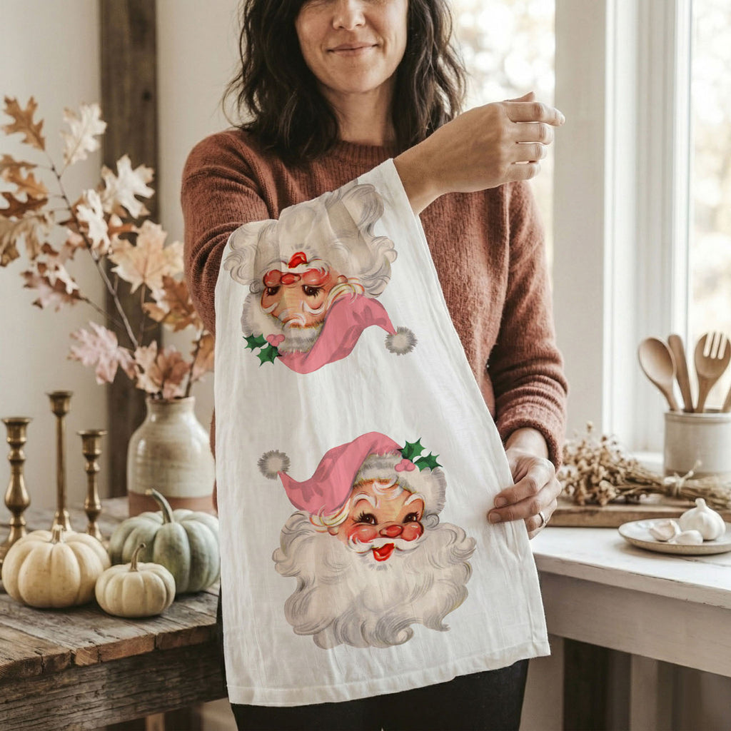 Vintage Pink Santa Christmas Kitchen Towel
