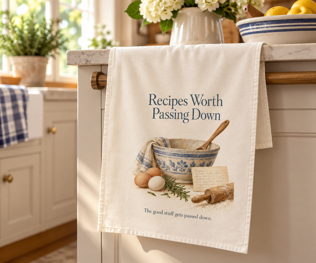 Recipes Worth Passing Down 18 by 30 inch cotton twill tea towel hanging in a warm kitchen